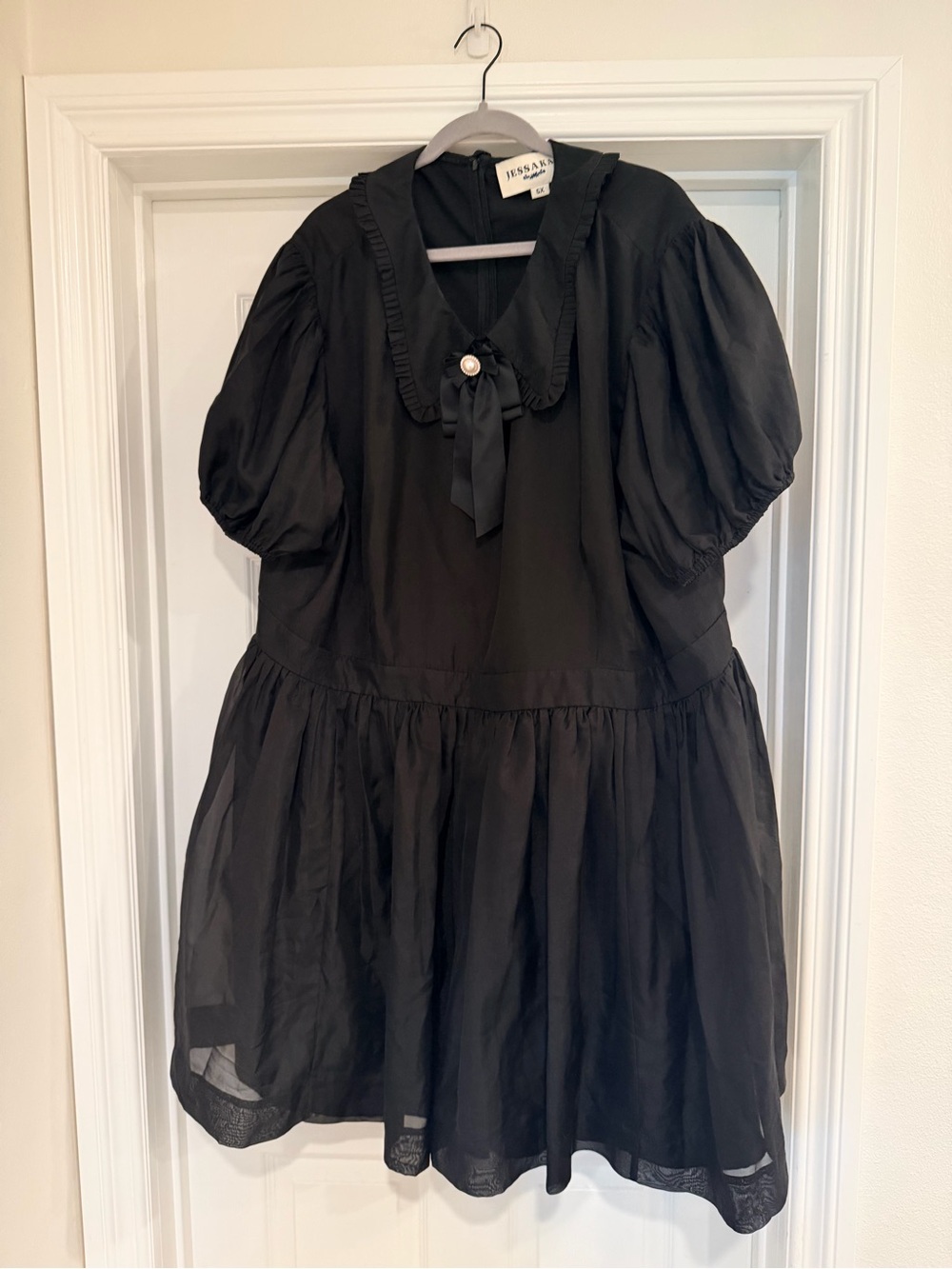 JessaKae Black Puff-Sleeve Mini Dress with Ribbon Bow and Pearl Accent